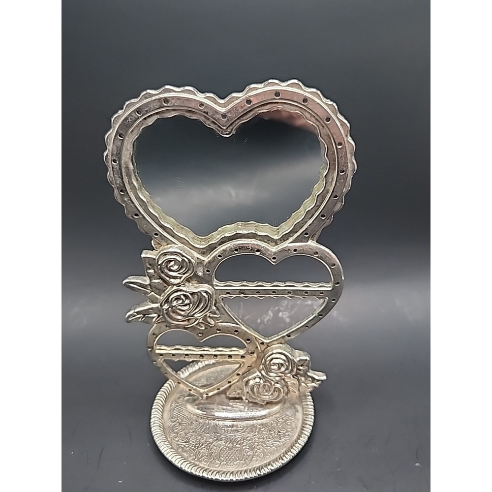Vintage Silverplated Triple Heart Mirrored Earring Holder 6" X 3.75"